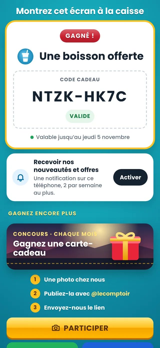 Le code cadeau gagné