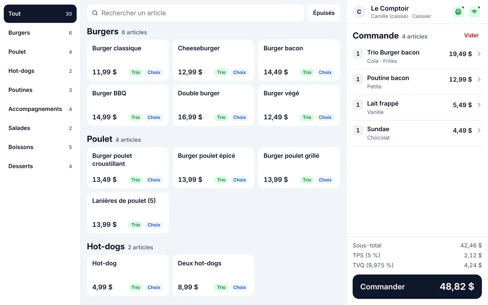 La caisse Tidett : une commande en cours avec son total